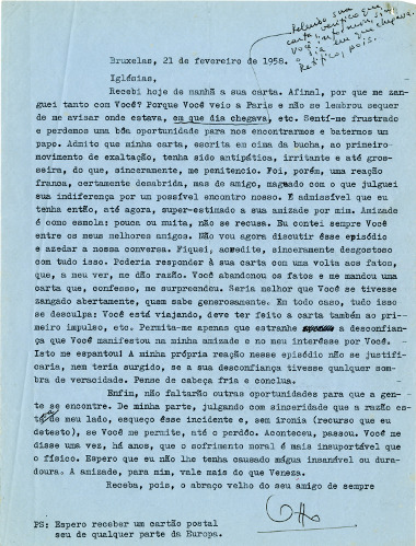 Otto Lara Resende a Francisco Iglésias, 21/2/1958 Otto Lara Resende a Francisco Iglésias, 21/2/1958