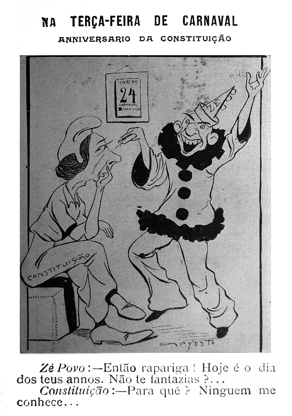 Zé Povo travestido de Pierrot conversa com a tristonha Constituição de 1891 O Malho, 21.02.1914, caricatura de Aryosto Duncan