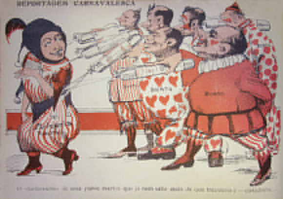 Um grupo de boatos ataca a paciência pública com lança-perfumes O Malho, 21.02.1914, caricatura de Leonidas Freire