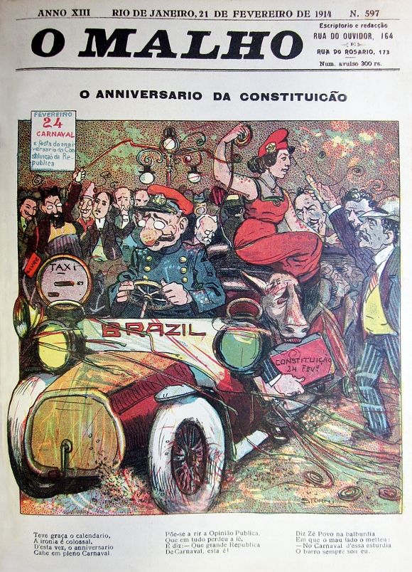 Alguns personagens importantes do Carnaval de 1914 na capa d'O Malho: em destaque, o marechal Hermes da Fonseca ao volante, a Constituição de vermelho e o Zé Povo representado como um burro | O Malho, 21.2.1914, (Alfredo Storni)